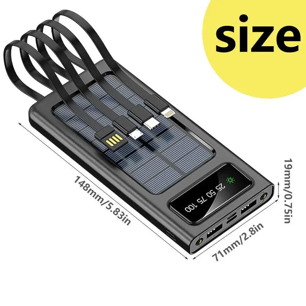 200000mAh Solar Power Bank 4-USB Cable Portable Charger Ultra-Large Capacity Mobile Power Suitable For Samsung Apple Huawei