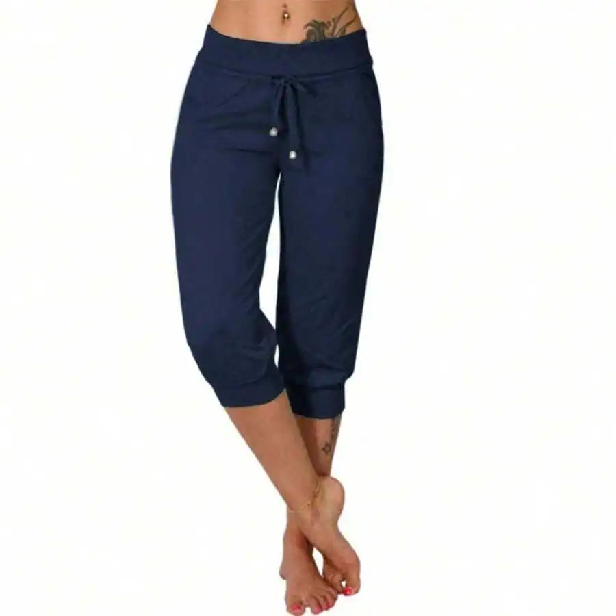 Women's Cotton Linen Drawstring Capri Pants Loose Casual Summer