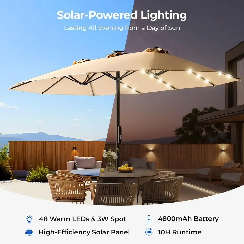 XMSJ Motorized Patio Umbrella With Base And Remote Solar Lights