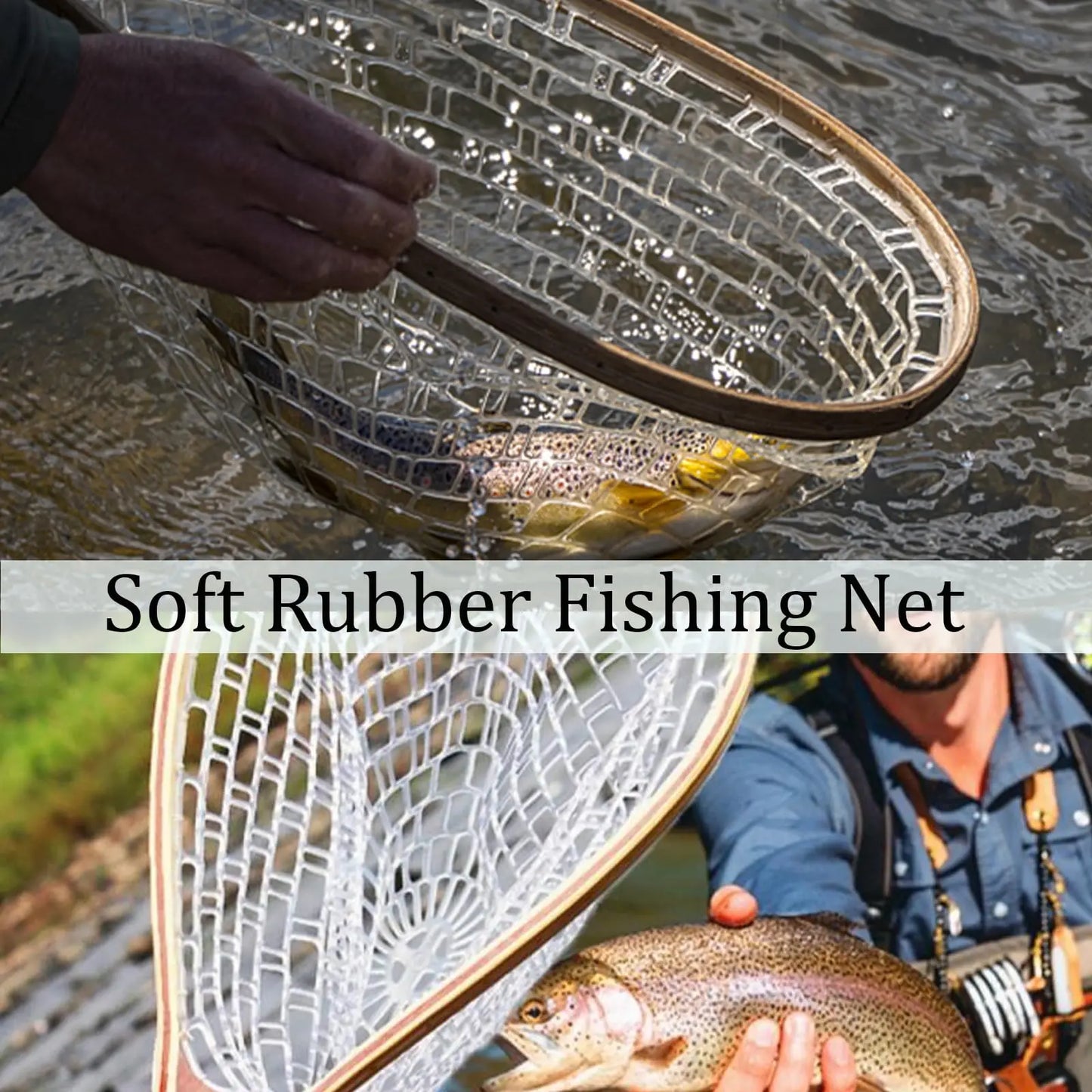 Trout Fishing Net With Soft Rubber Mesh And Wooden Handle