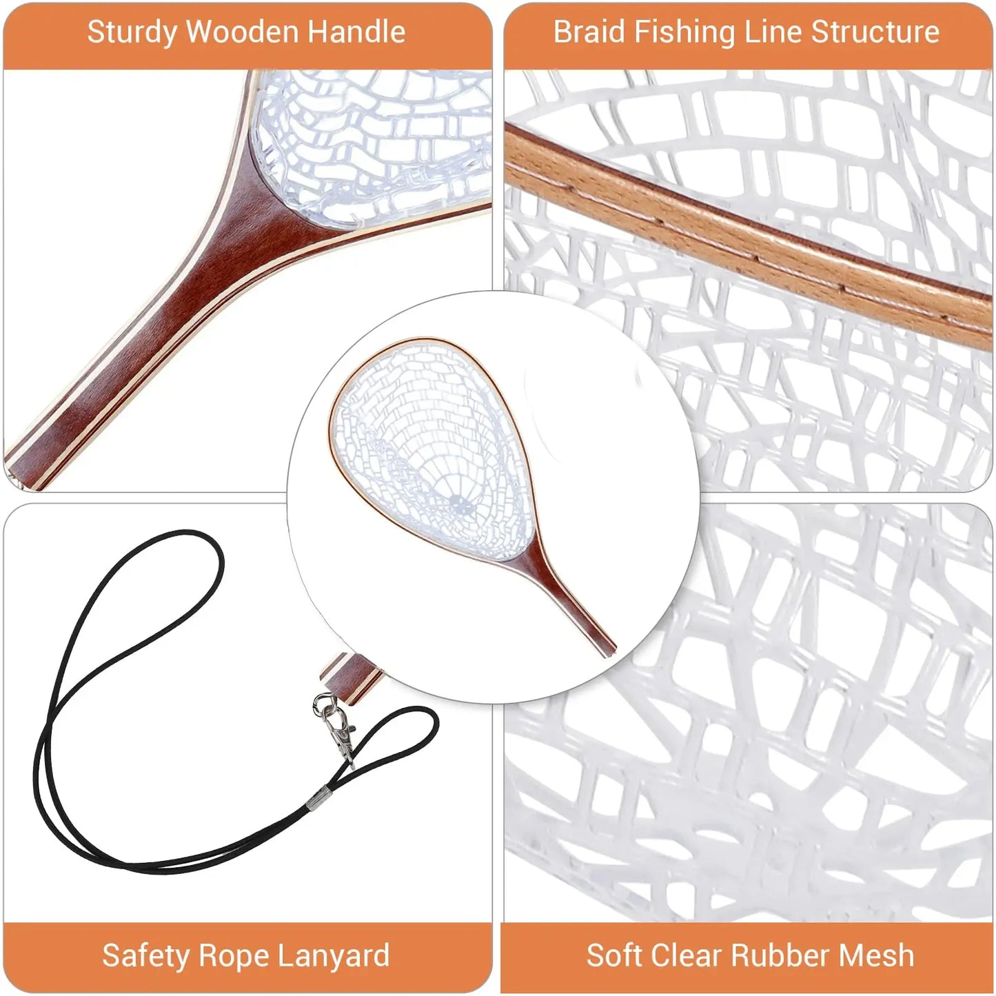 Trout Fishing Net With Soft Rubber Mesh And Wooden Handle