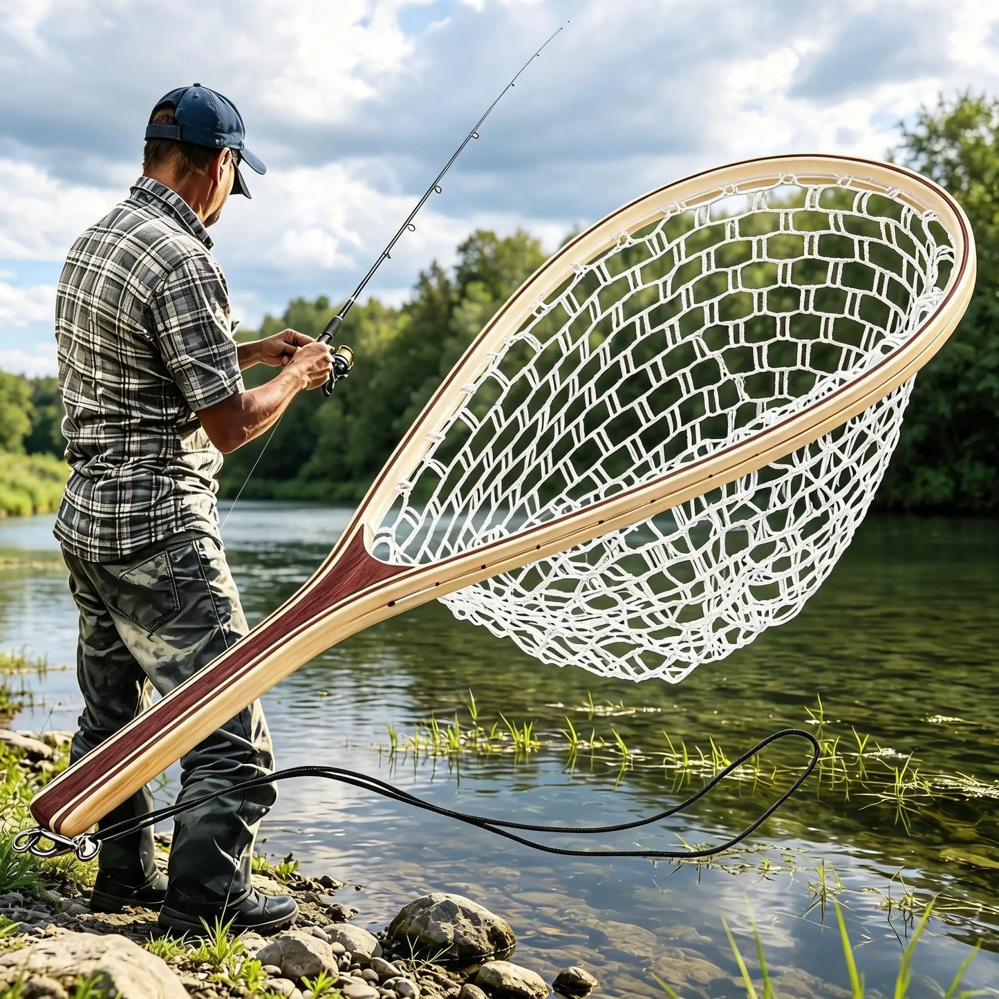 Trout Fishing Net With Soft Rubber Mesh And Wooden Handle