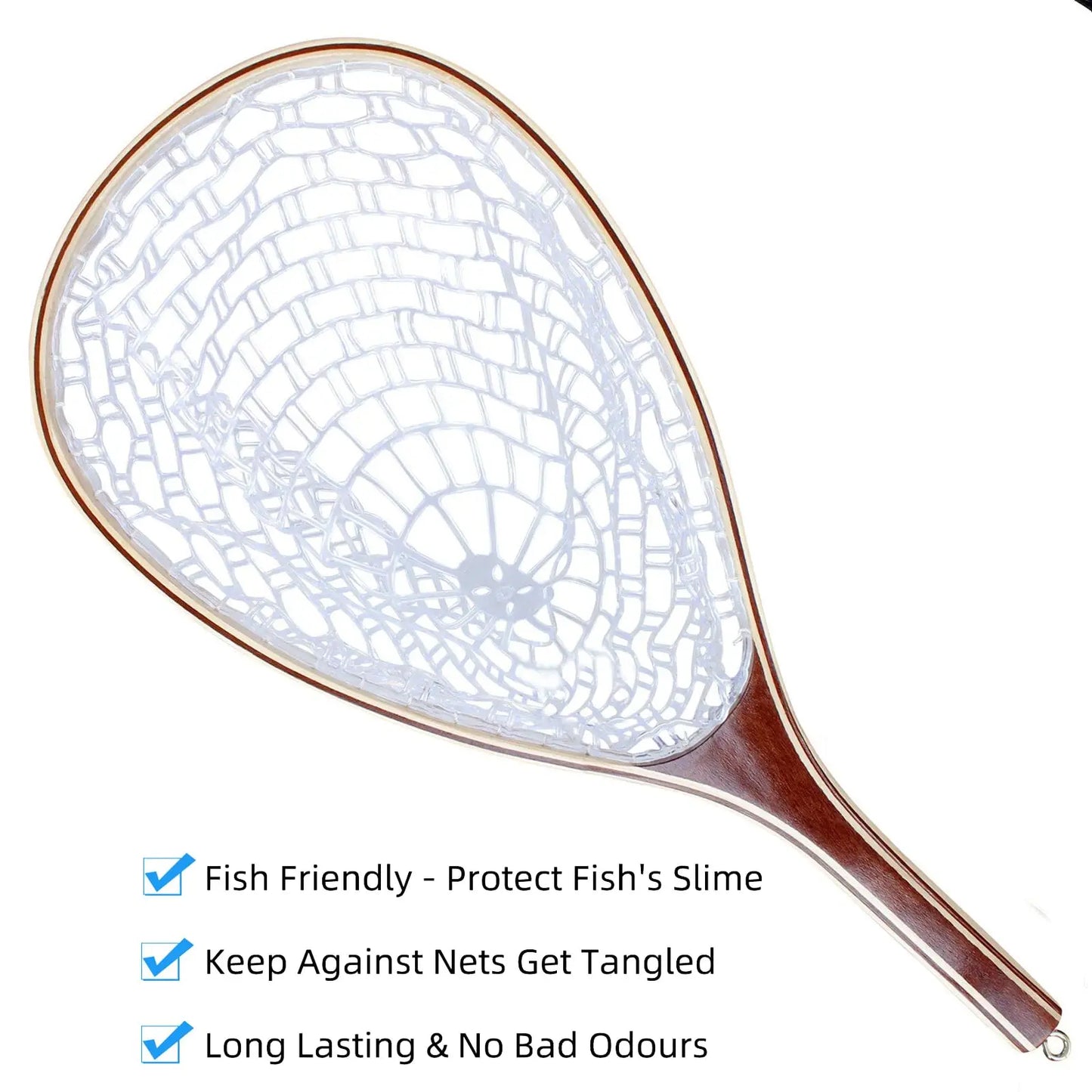 Trout Fishing Net With Soft Rubber Mesh And Wooden Handle