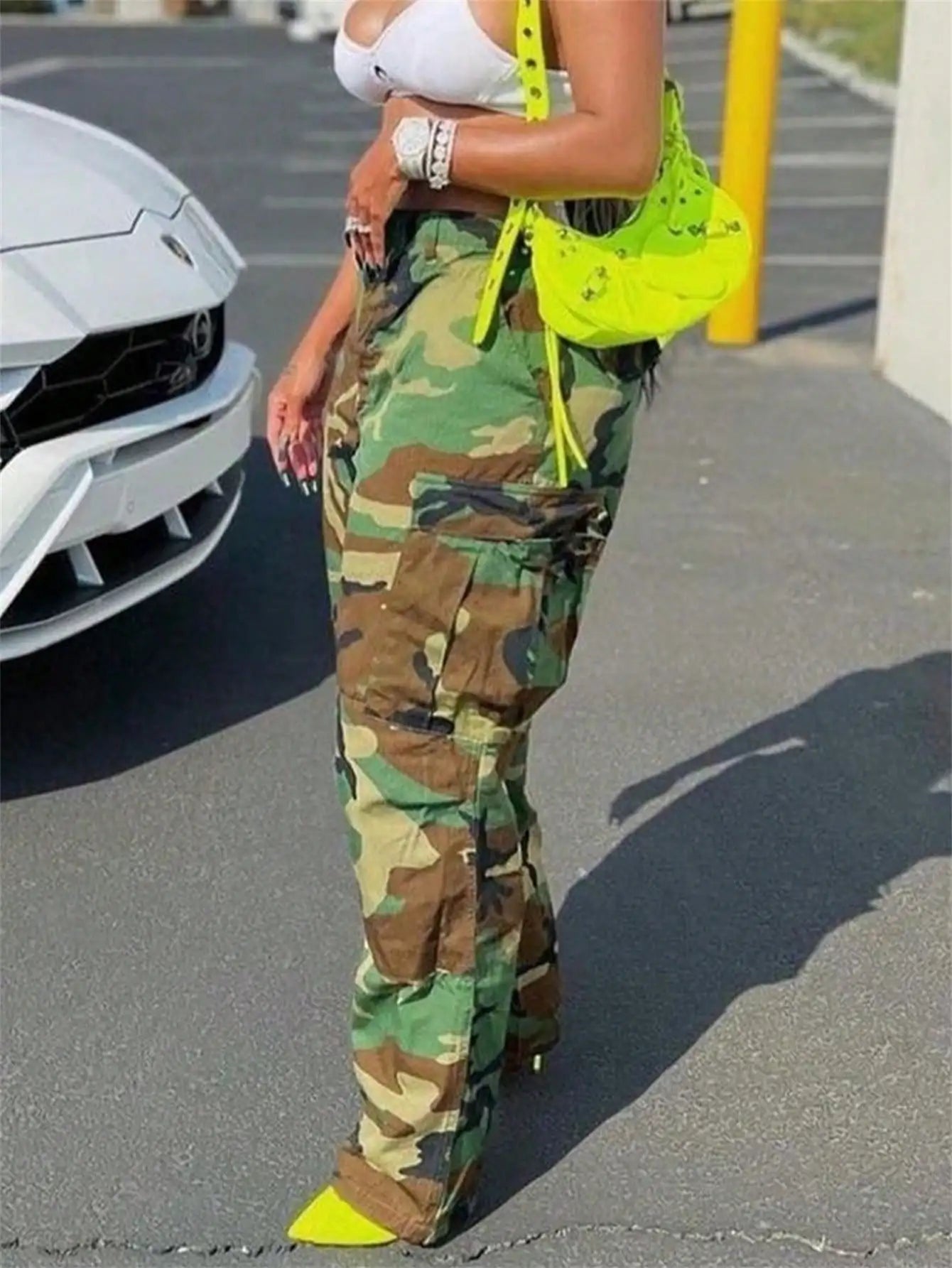 SDNGED CN Camouflage Cargo High Waist Pants With Pockets