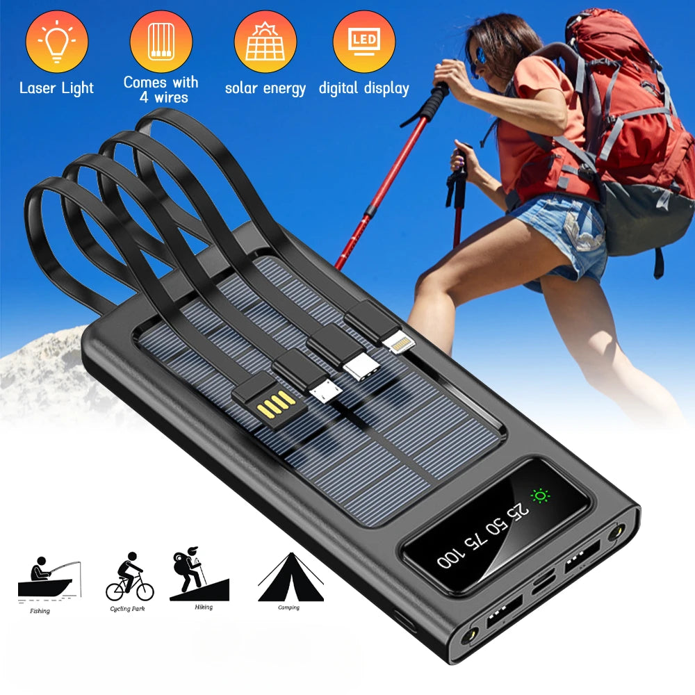 200000mAh Solar Power Bank  4-USB Cable Portable Charger Ultra-Large Capacity Mobile Power Suitable For Samsung Apple Huawei