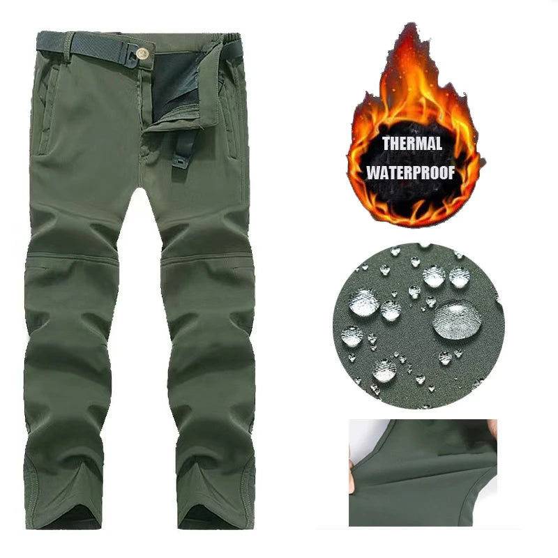 NONECN Men Winter Fleece Waterproof Cargo Pants For Outdoors