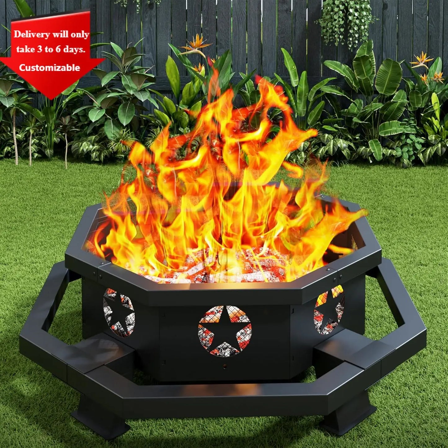 Hexagonal Outdoor Wood Burning Fire Pit With Poker