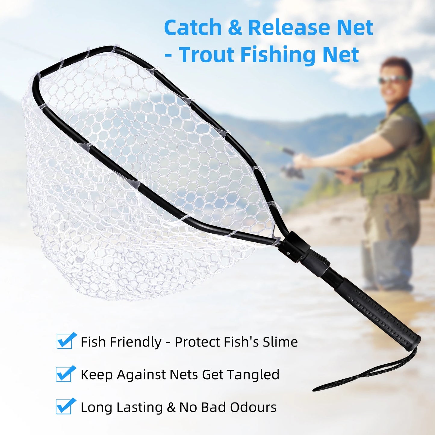 HiMISS Foldable Trout Fly Fishing Net With Handle Soft Rubber