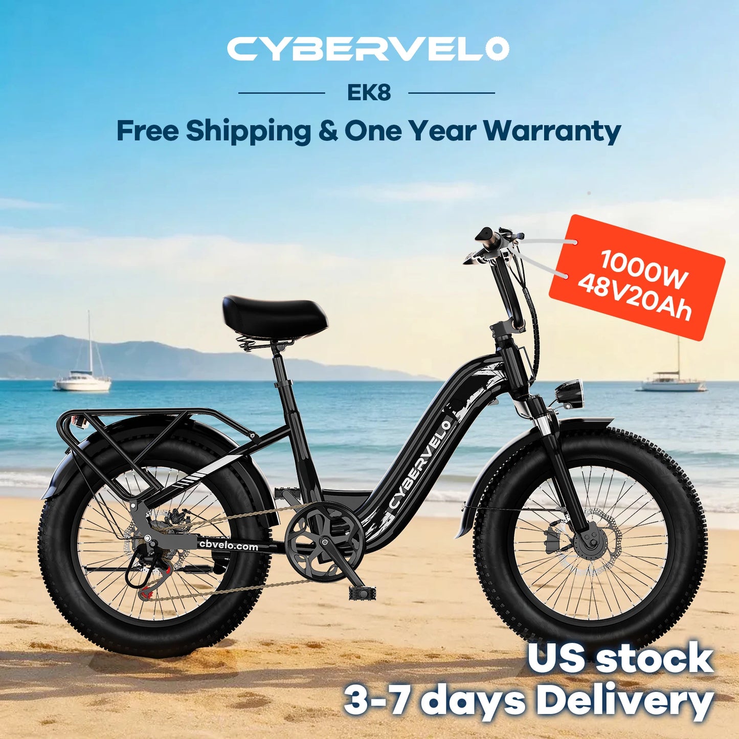 CYBERVELO EK8 1000W Fat Tire Electric Bike With Removable Battery