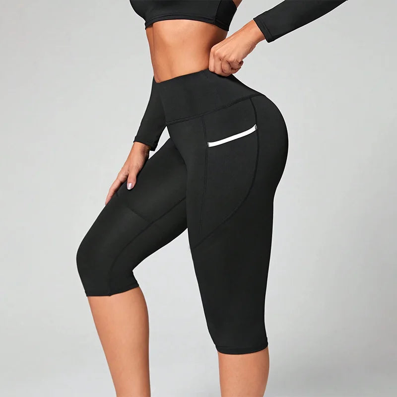 High Waist Yoga Capri Leggings With Pockets Tummy Control