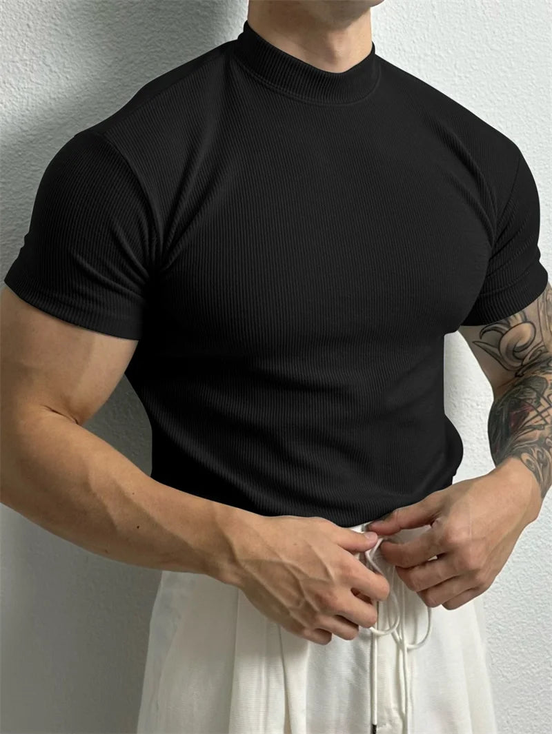 Women's Knit Polyester T Shirt With High Collar Stripe Short Sleeve Tee