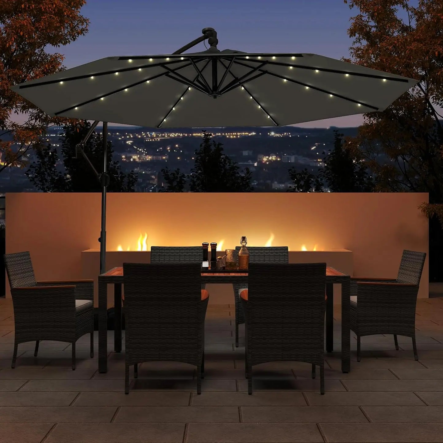 Solar Patio Offset Cantilever Umbrella With Base And LED Lights