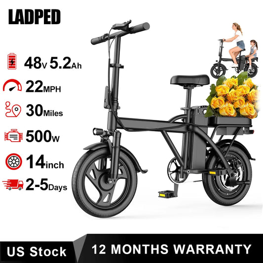 Ladped Foldable Electric Bike 500W Dual Seat Long Range 48V