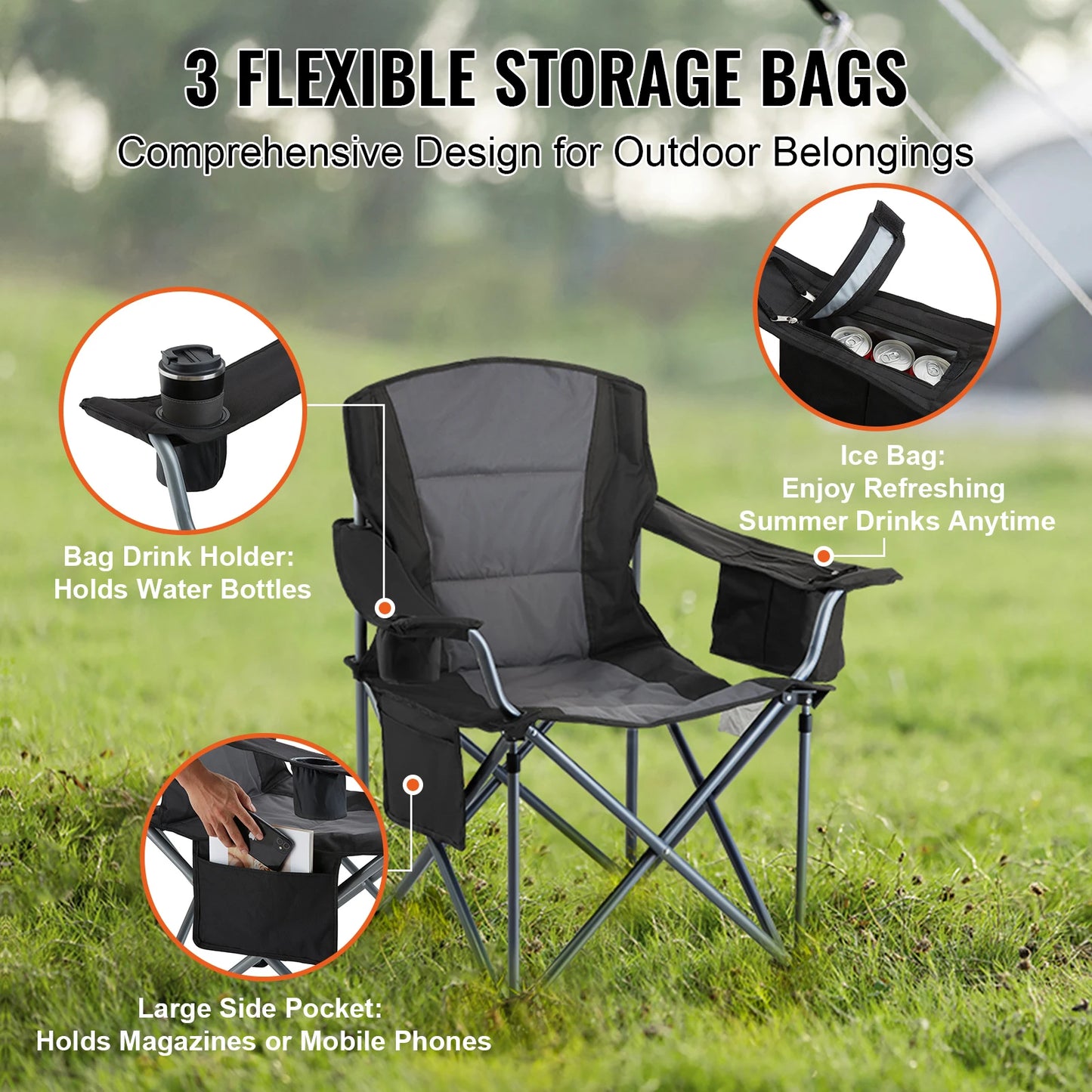 VEVOR Camping Folding Chair Quad Lumbar Back Support With Pockets