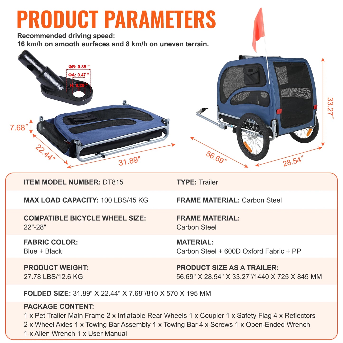 Dog Bicycle Trailer Carrier Collapsible 100 Lb Capacity