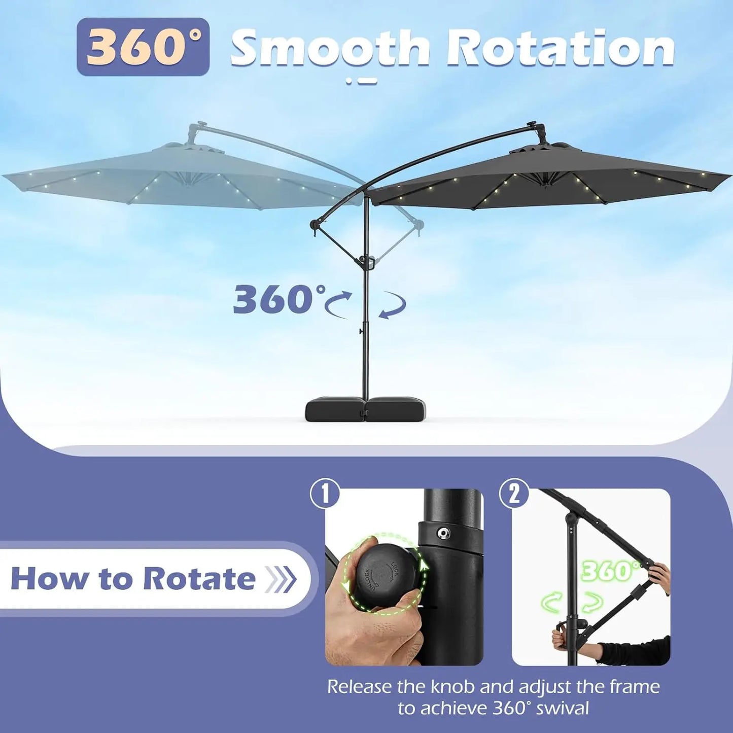 Solar Patio Offset Cantilever Umbrella With Base And LED Lights