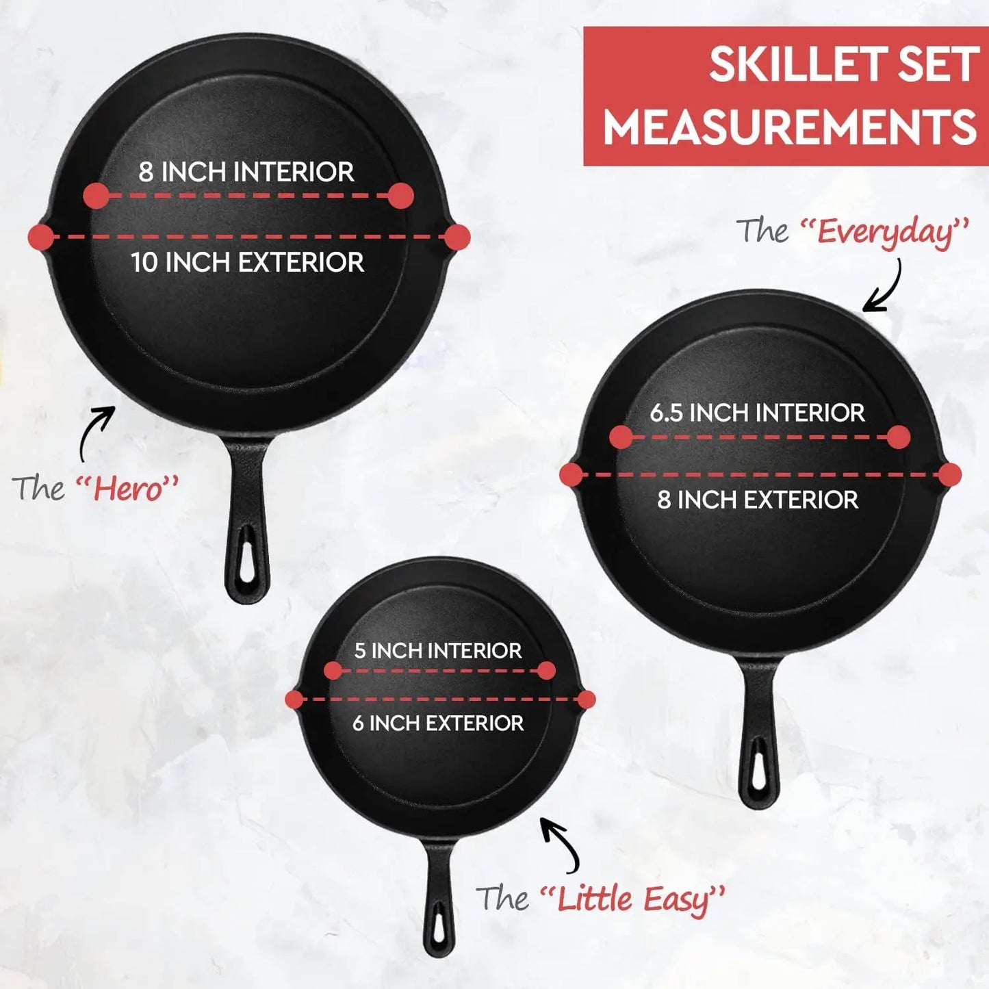 Cast Iron Skillet Set 3 Piece Preseasoned Frying Saute Cookware