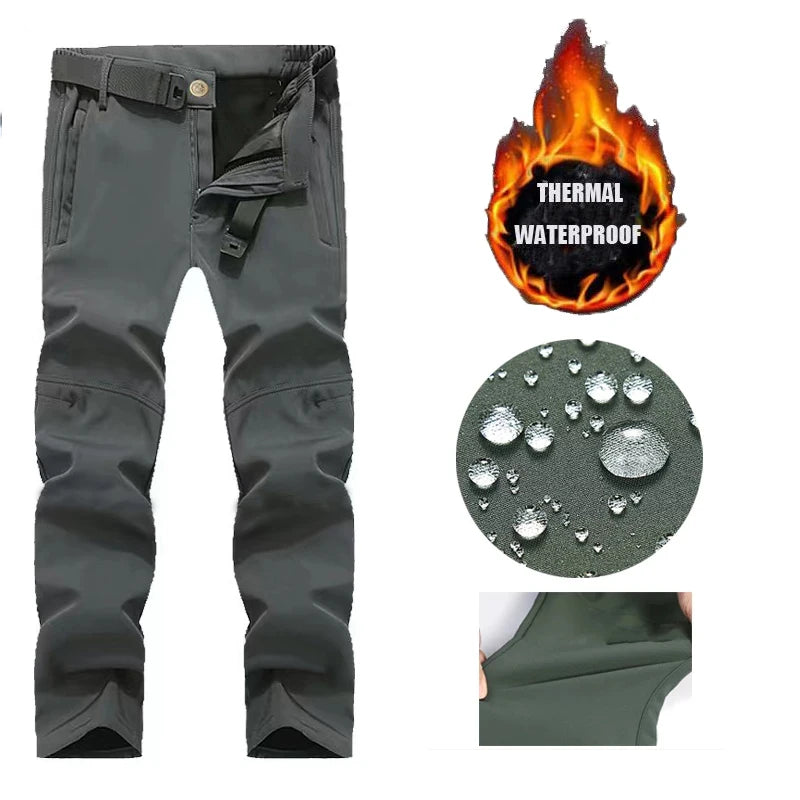 NONECN Men Winter Fleece Waterproof Cargo Pants For Outdoors