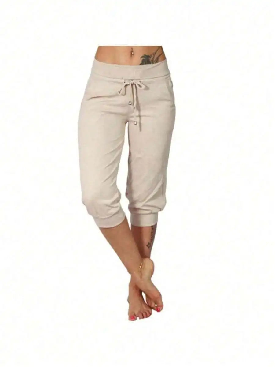 Women's Cotton Linen Drawstring Capri Pants Loose Casual Summer