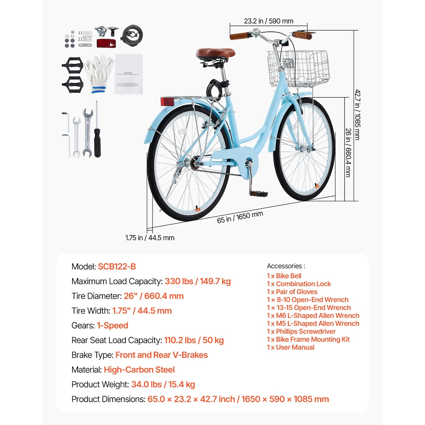 VEVOR Beach Cruiser Bike With Basket And Rear Rack Adjustable Seat