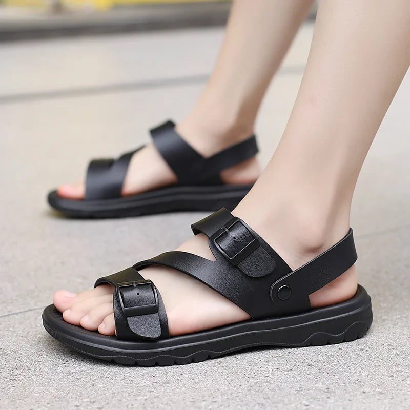 SUOJ Mens Leather Sandals Outdoor Non Slip Breathable Casual Shoes