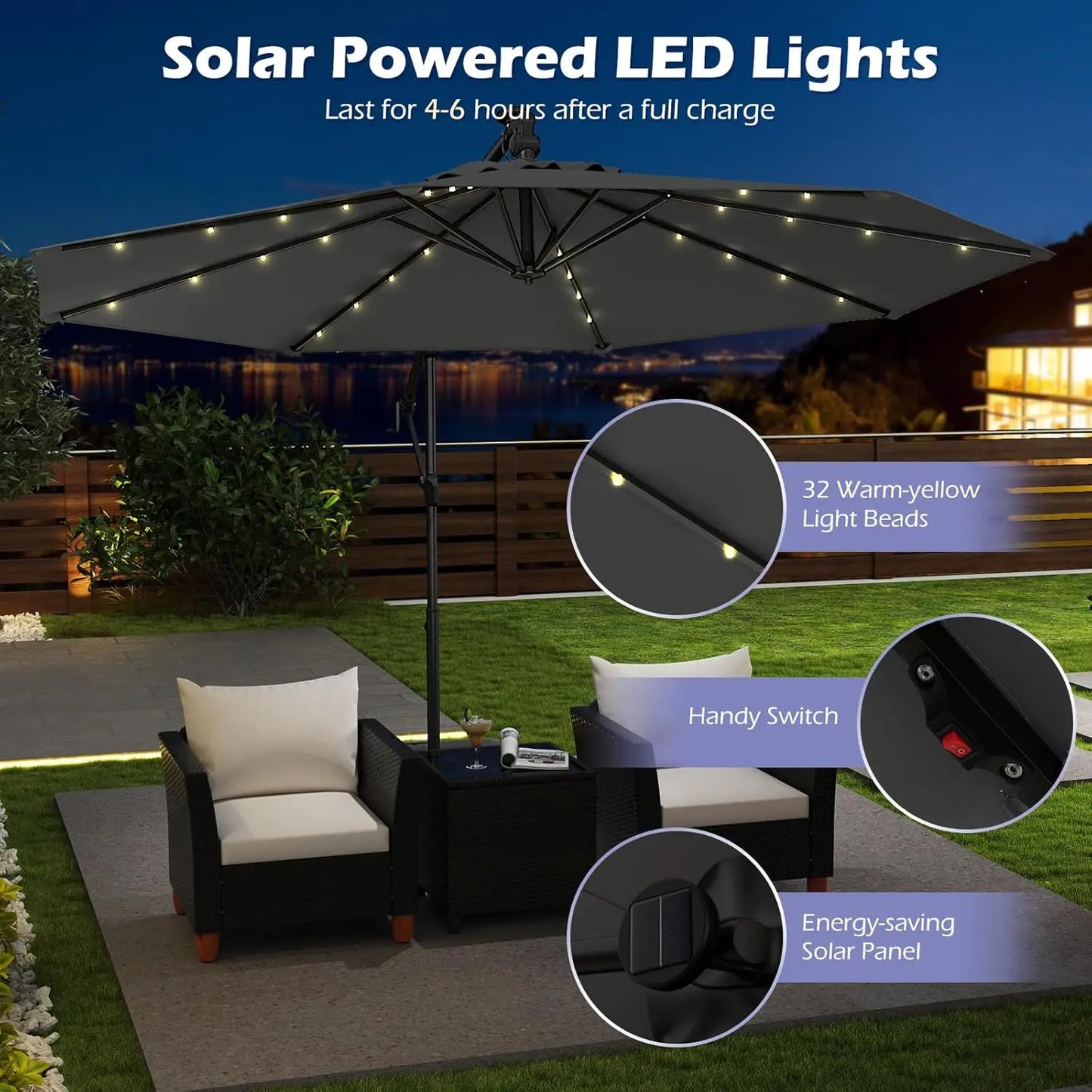Solar Patio Offset Cantilever Umbrella With Base And LED Lights