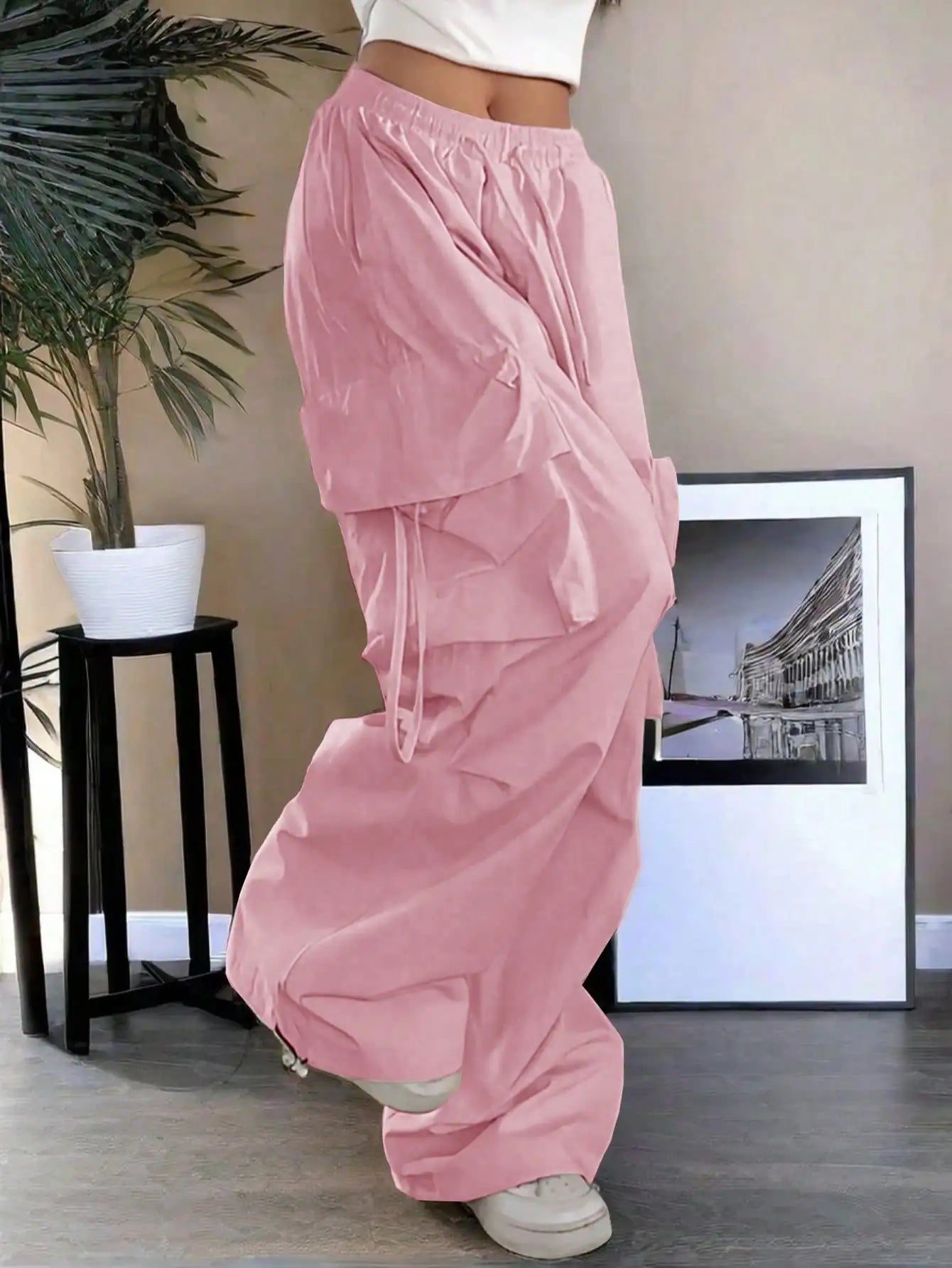 Loose Fit Cargo Pants With Drawstring Pockets For Casual Streetwear