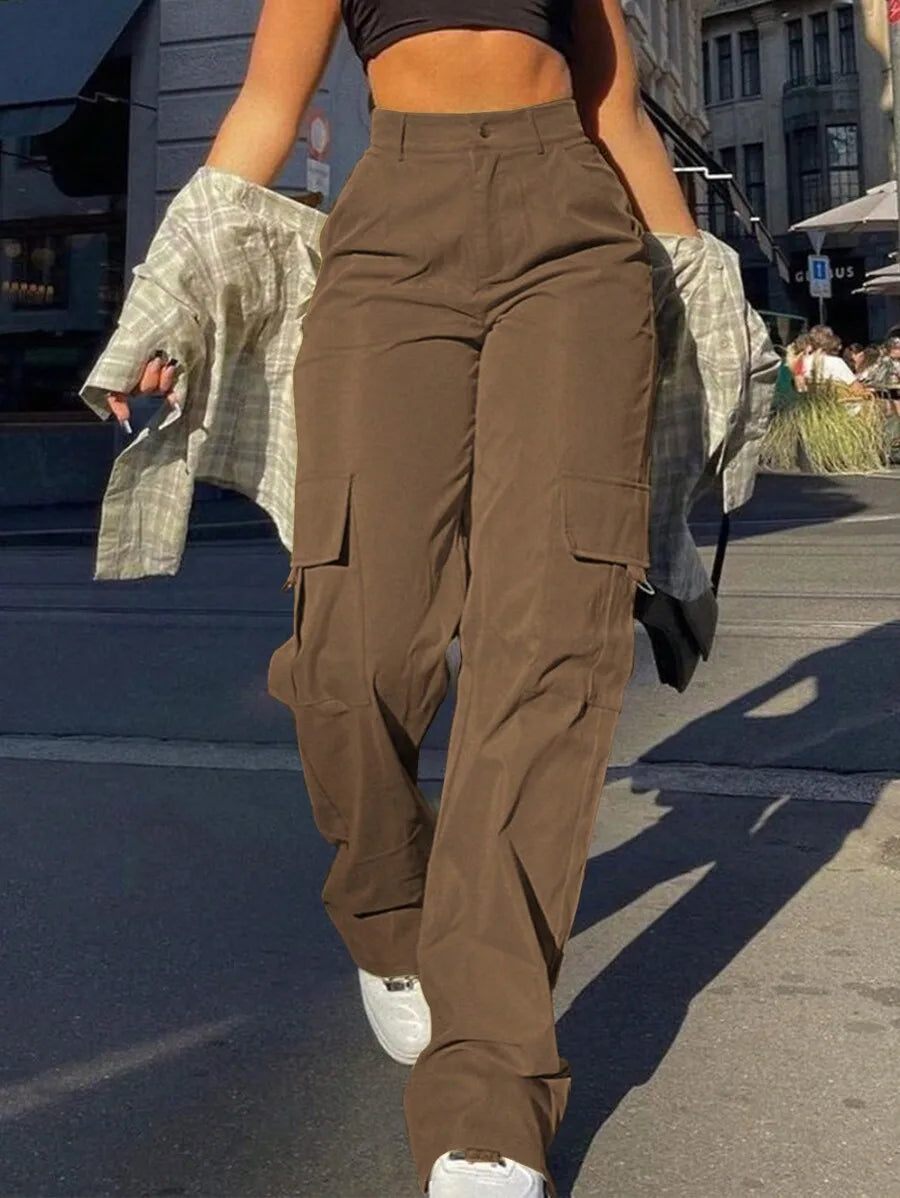 Women Cargo Trousers With Pockets Casual Loose Fit Full Length