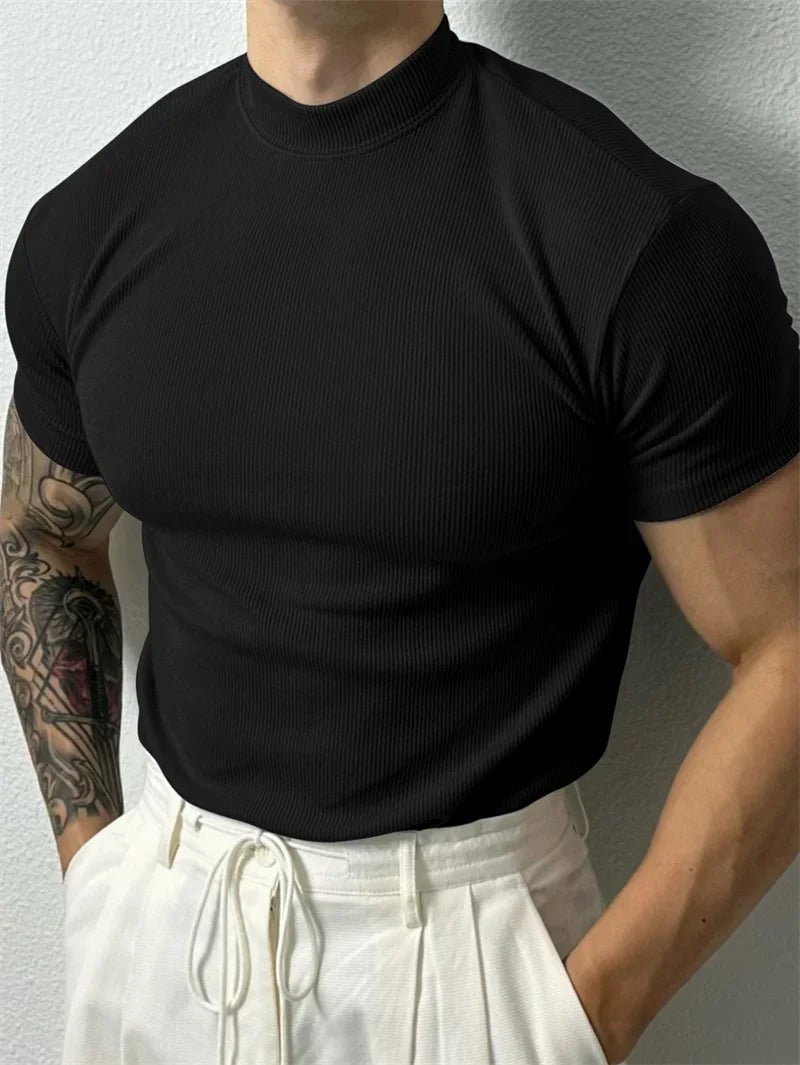 Women's Knit Polyester T Shirt With High Collar Stripe Short Sleeve Tee