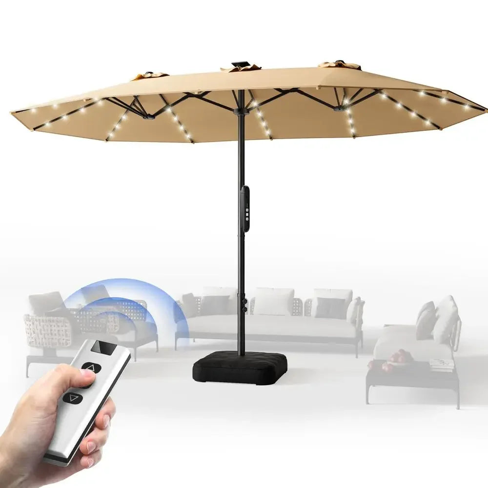 XMSJ Motorized Patio Umbrella With Base And Remote Solar Lights