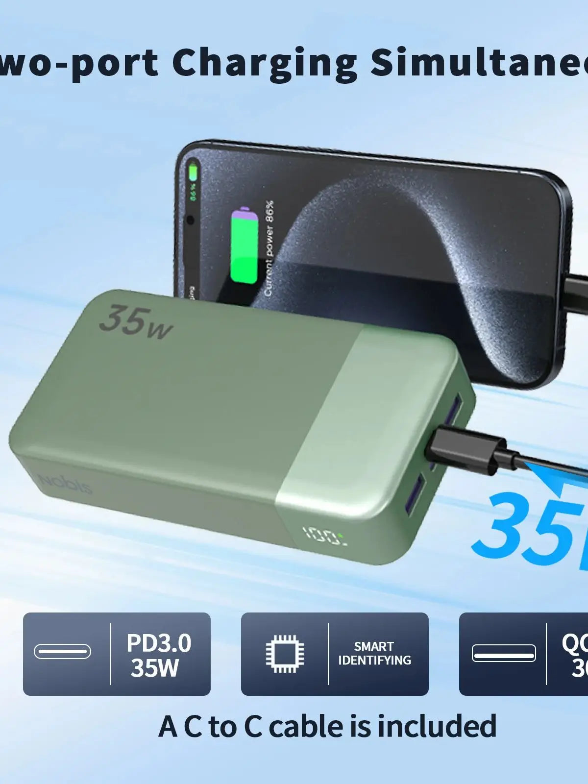 NOBIS Portable Charger, 20000mAh Power Bank, 35W Power Bank Fast Charging, Battery Pack with C to C Cable, Battery Bank
