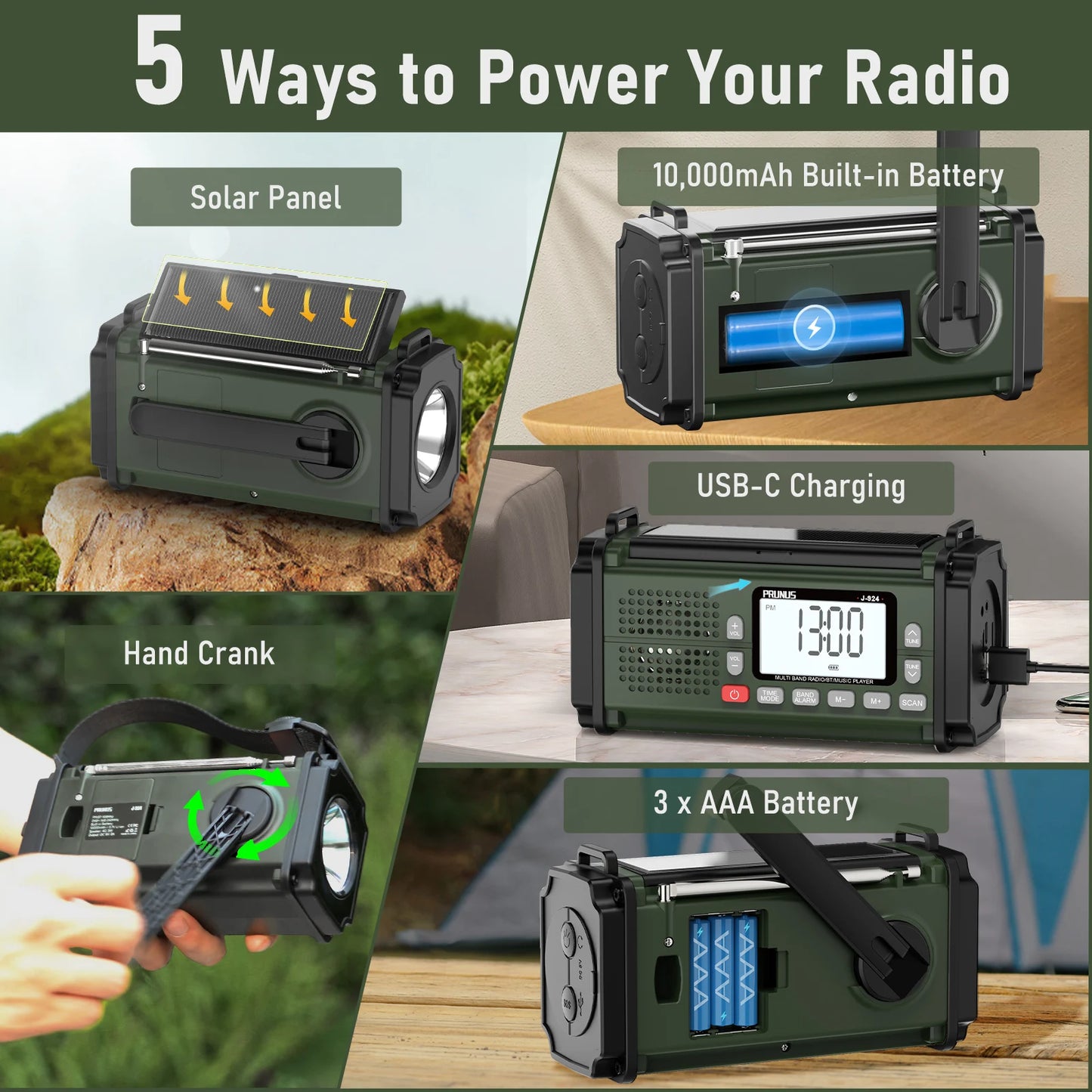 PRUNUS 924 10000mAh Hand Crank Emergency Radio With Solar