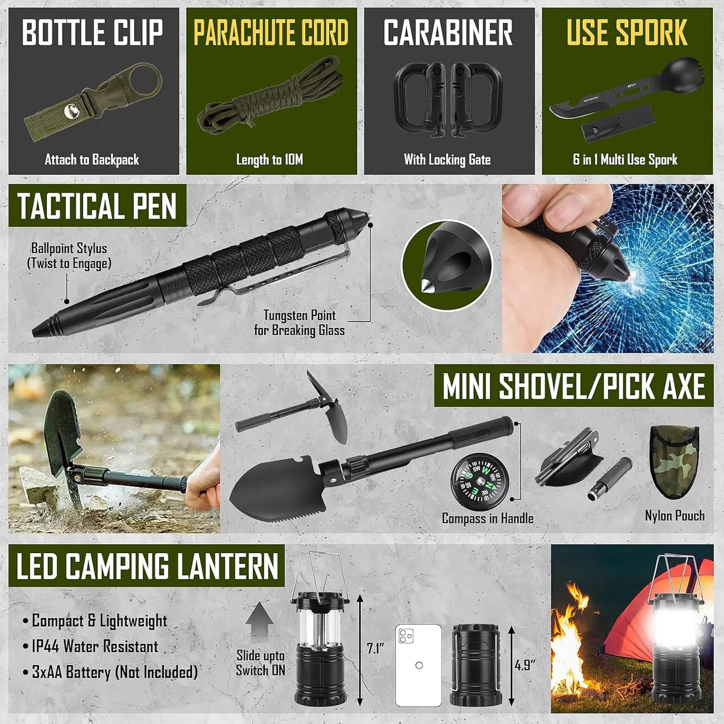 Emergency Survival Kit With First Aid, Camping Axe, Headlamp