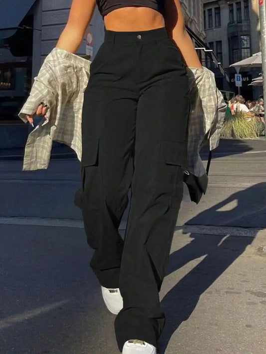 Women Cargo Trousers With Pockets Casual Loose Fit Full Length