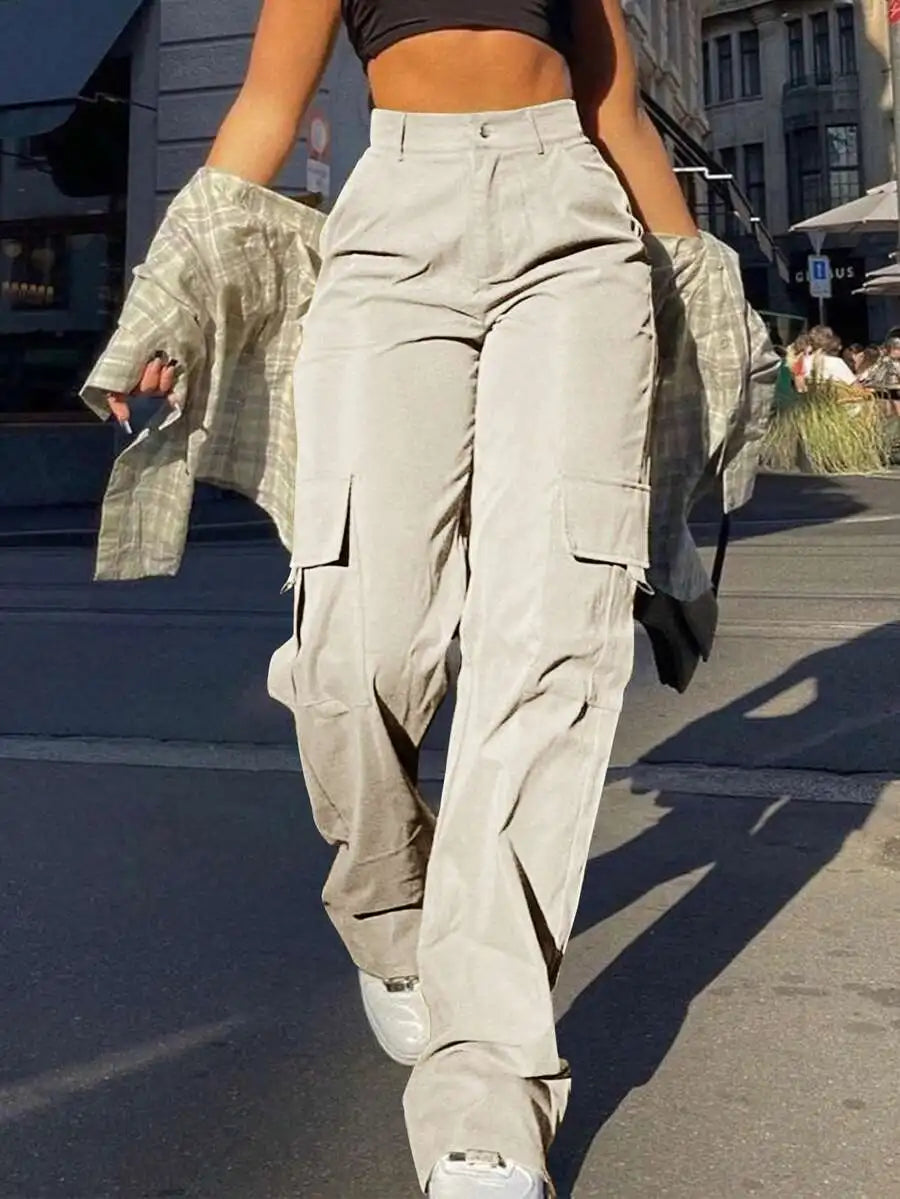 Women Cargo Trousers With Pockets Casual Loose Fit Full Length