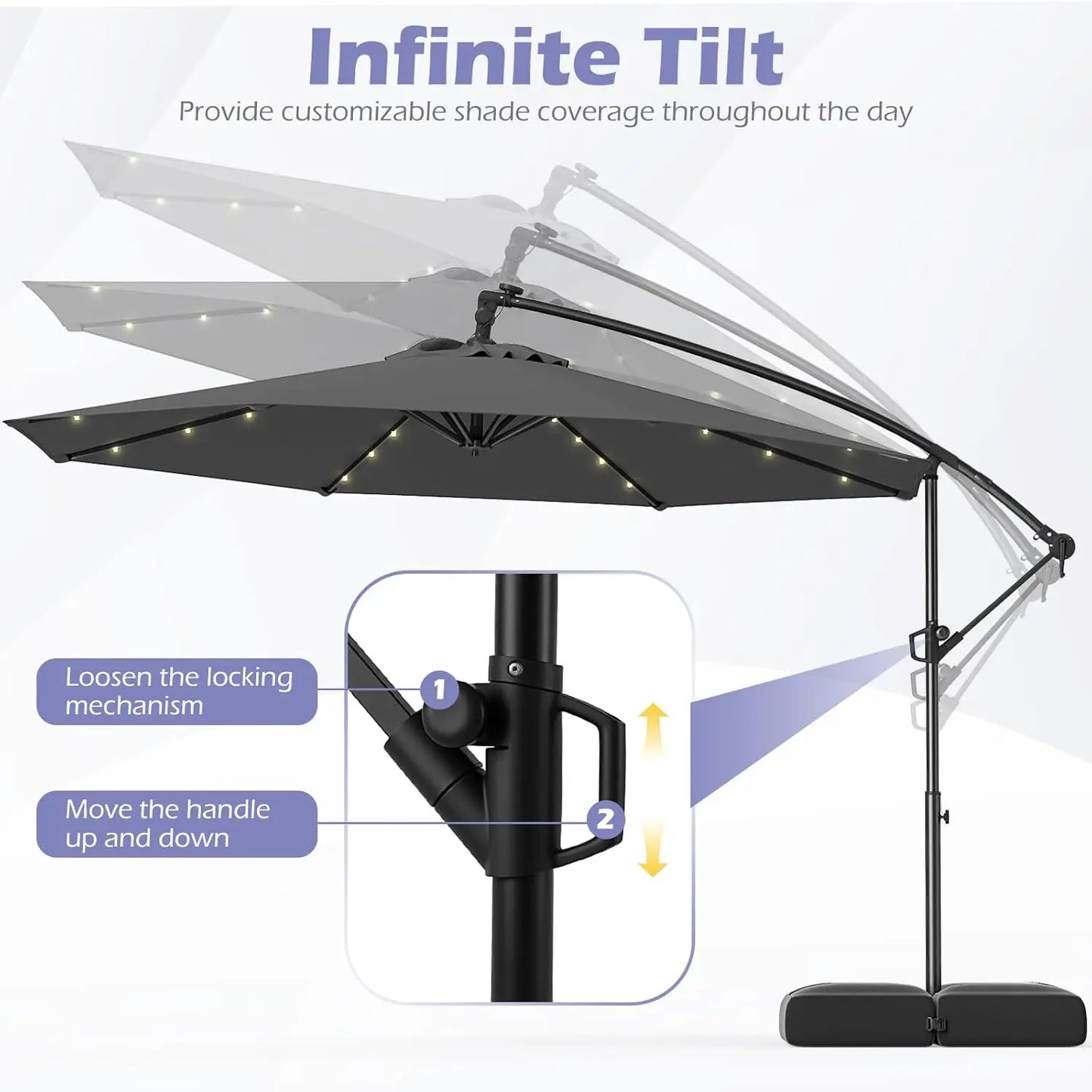Solar Patio Offset Cantilever Umbrella With Base And LED Lights