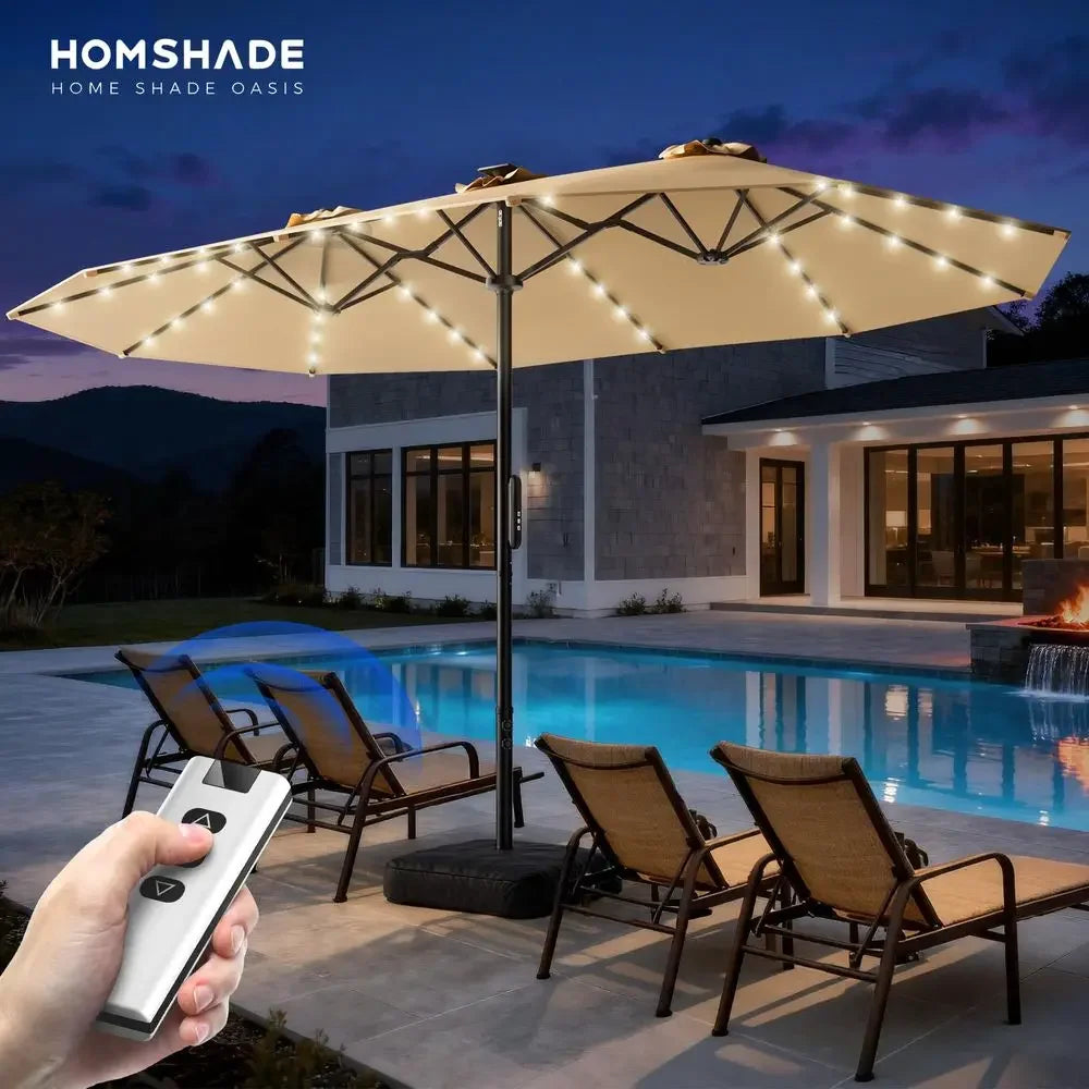 XMSJ Motorized Patio Umbrella With Base And Remote Solar Lights