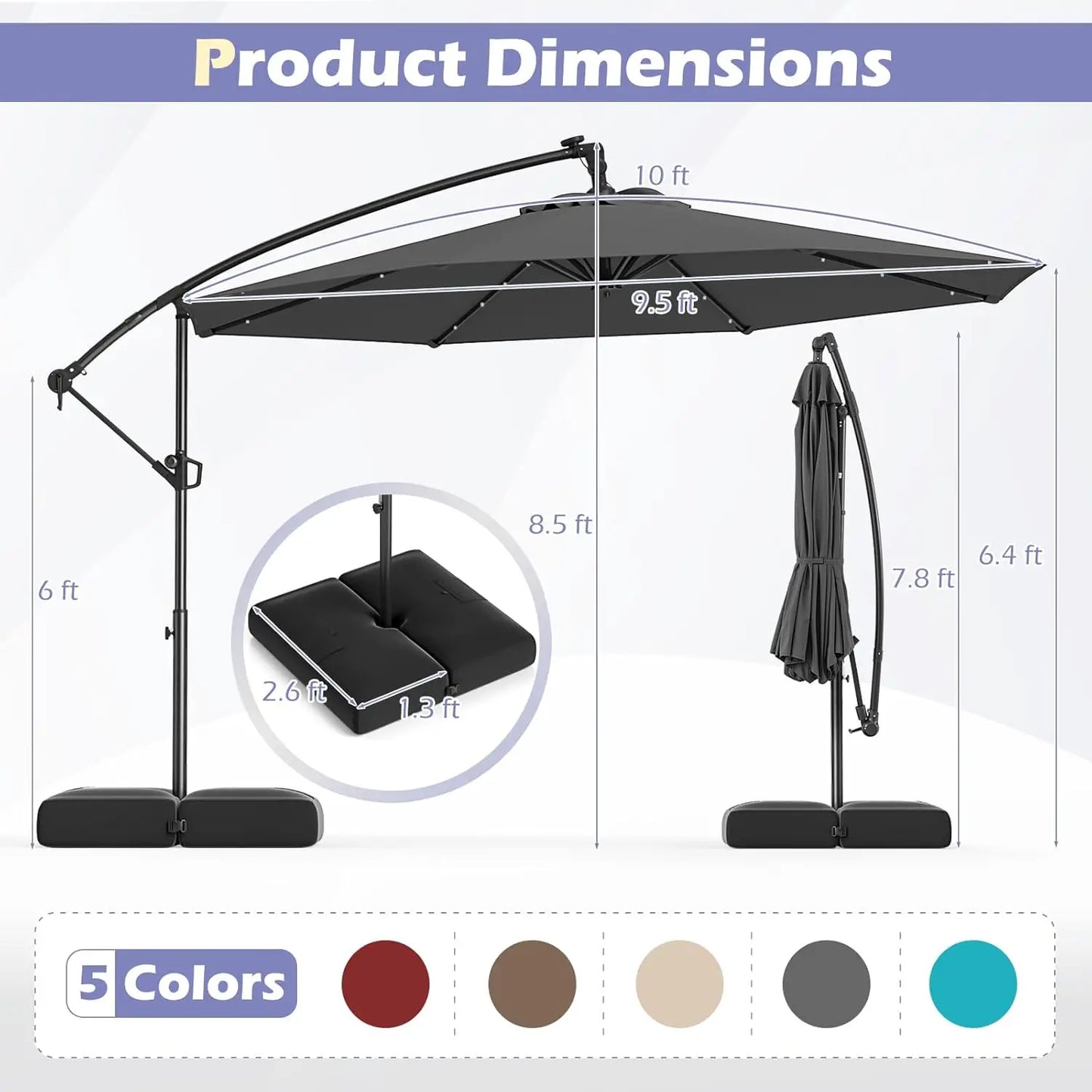 Solar Patio Offset Cantilever Umbrella With Base And LED Lights