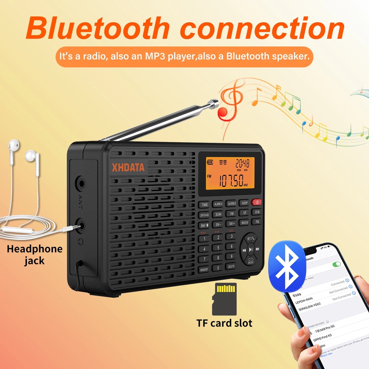 XHDATA D109 World Band Radio DSP AM FM SW Bluetooth