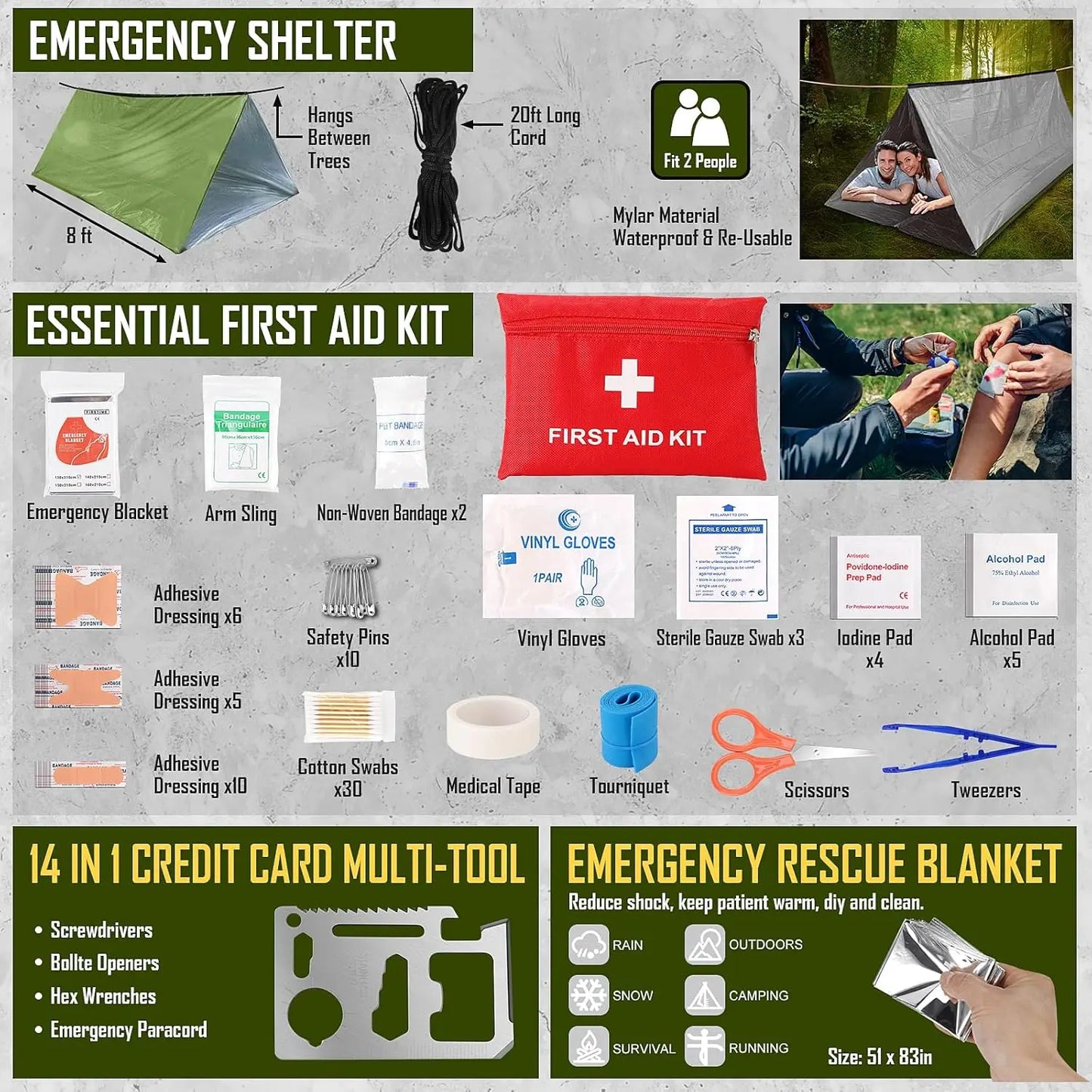 Emergency Survival Kit With First Aid, Camping Axe, Headlamp