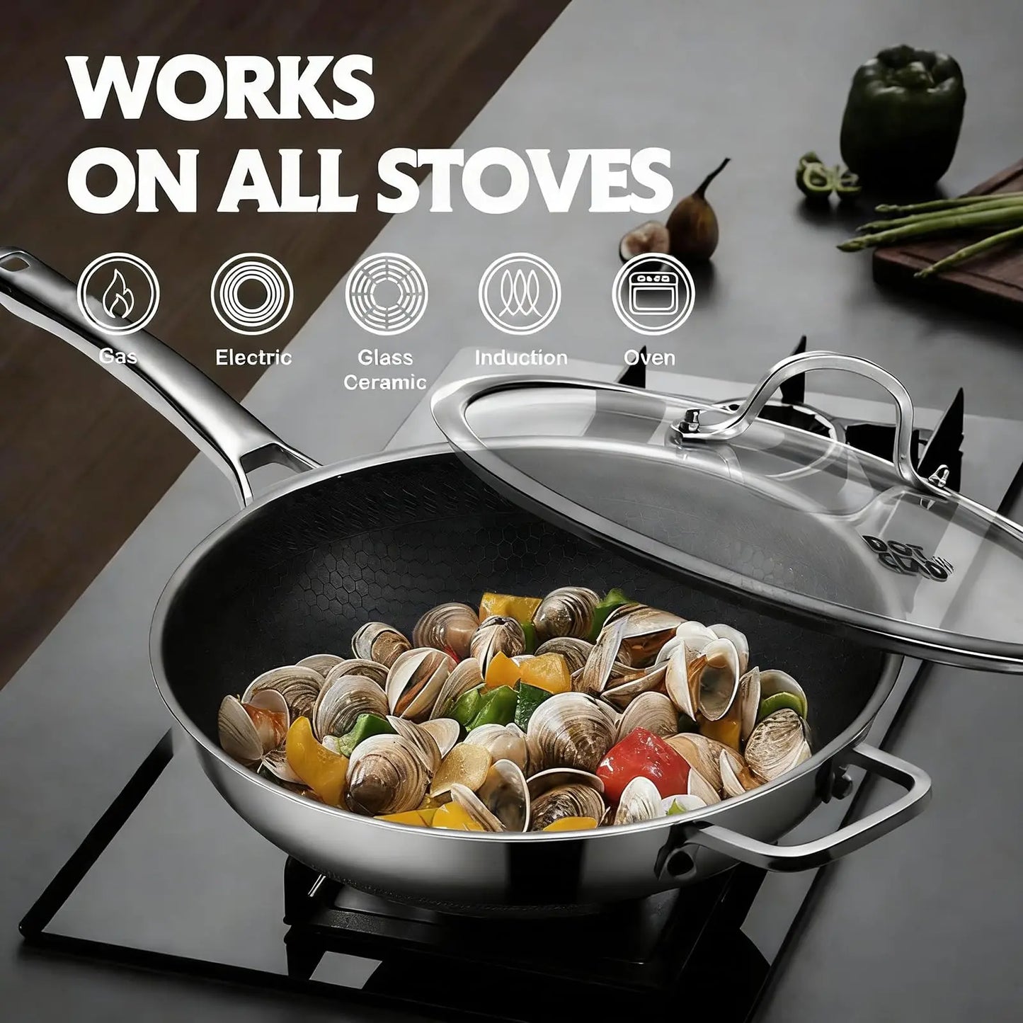 HiMISS Stainless Steel Wok Pan With Snowflake Nonstick Coating