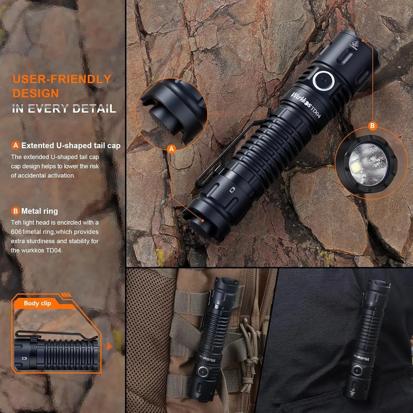 Wurkkos TD04 21700 Rechargeable Tactical Flashlight With USB C