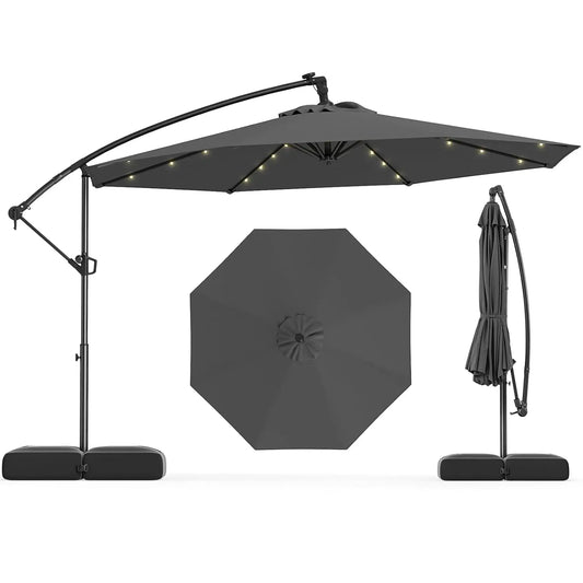 Solar Patio Offset Cantilever Umbrella With Base And LED Lights