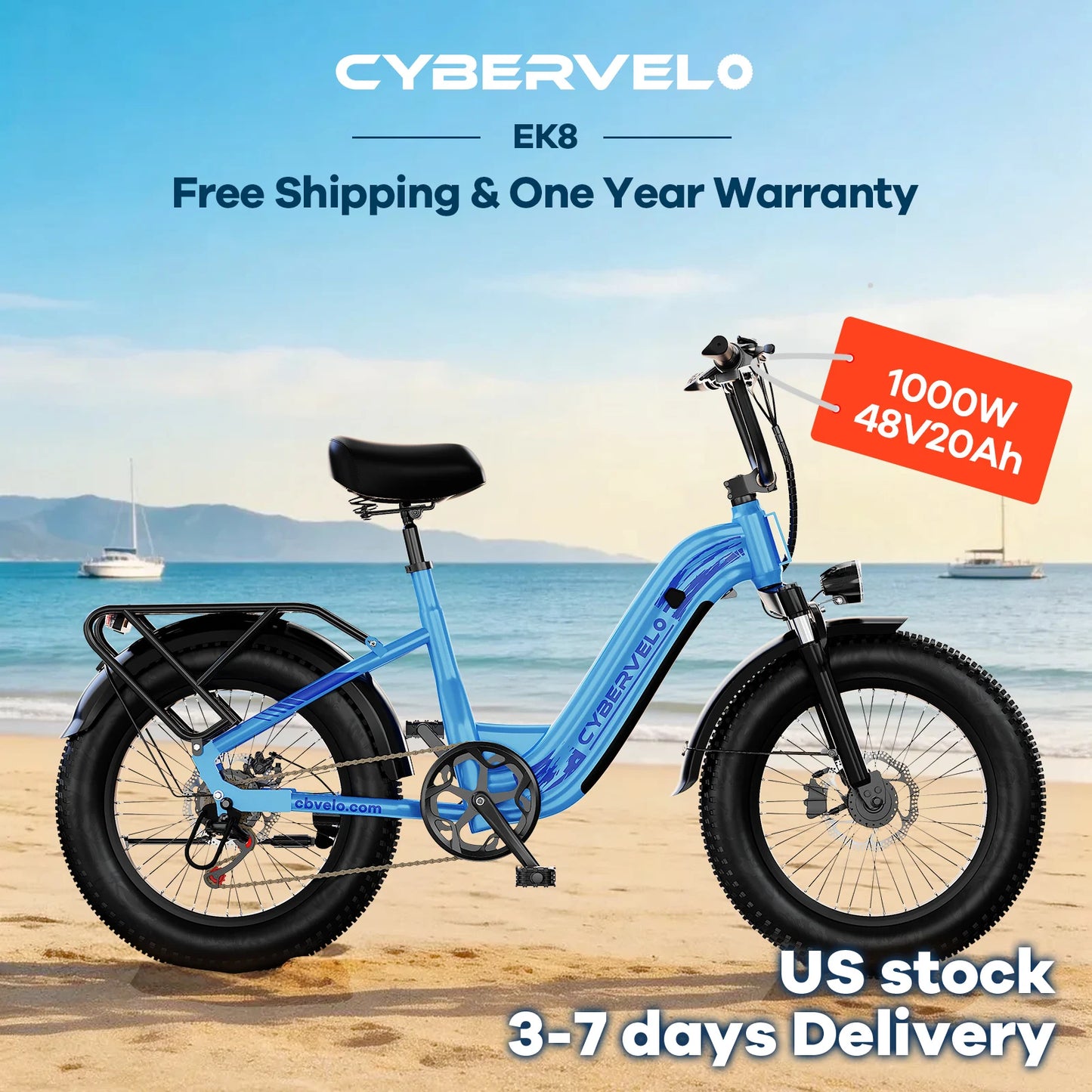 CYBERVELO EK8 1000W Fat Tire Electric Bike With Removable Battery