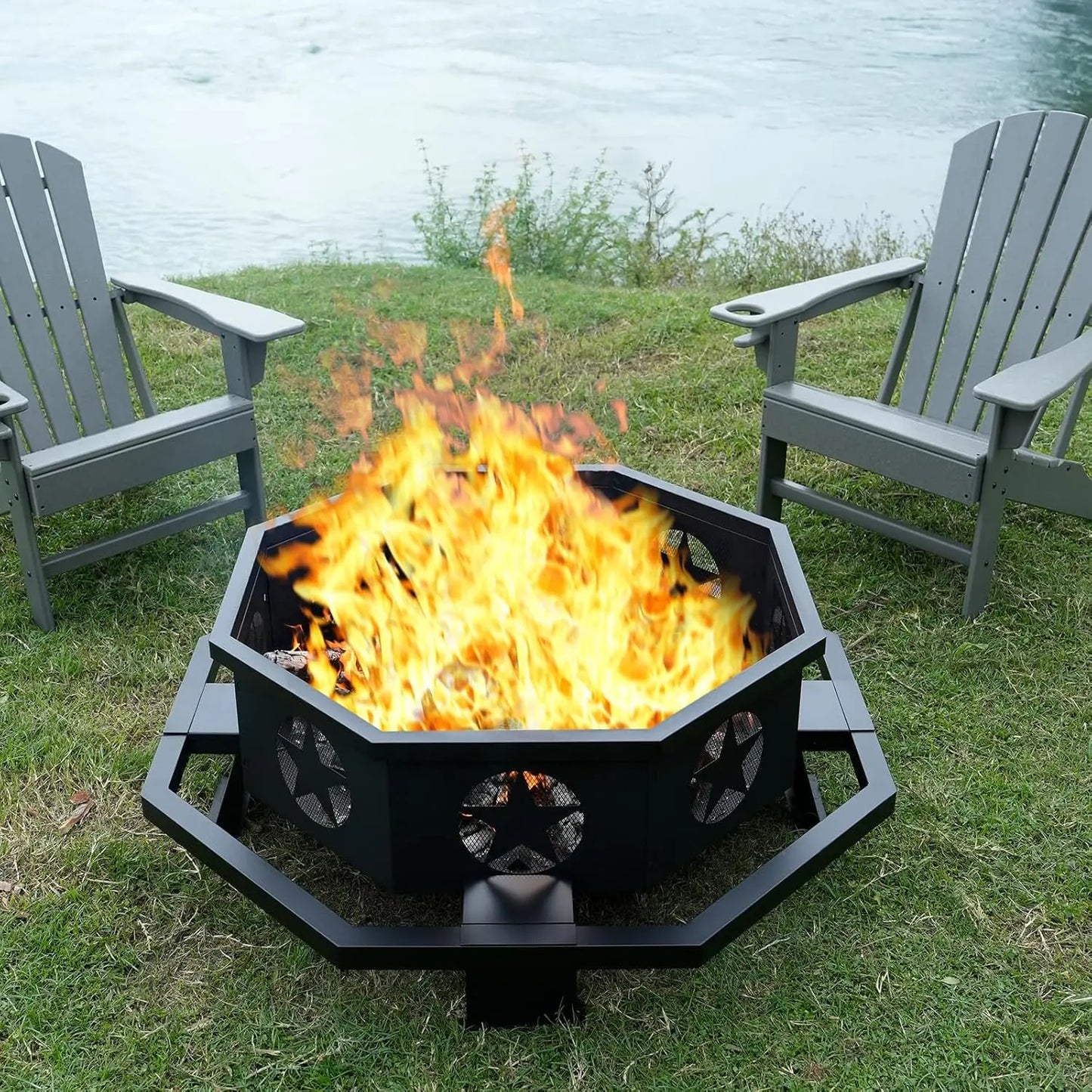 Outdoor Octagonal Wood Burning Fire Pit Powder Coated Heavy Duty