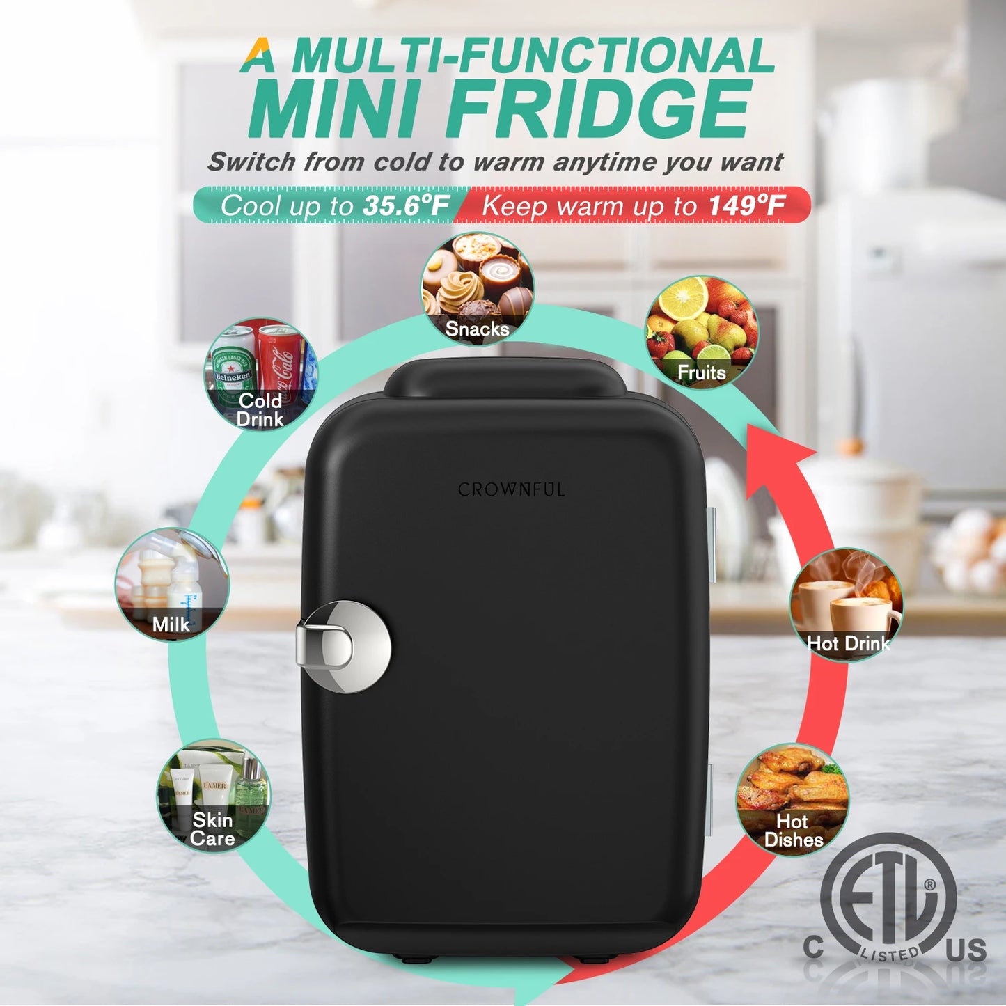 Crownful Beauty Skincare Mini Fridge ACDC Refrigerator for Travel