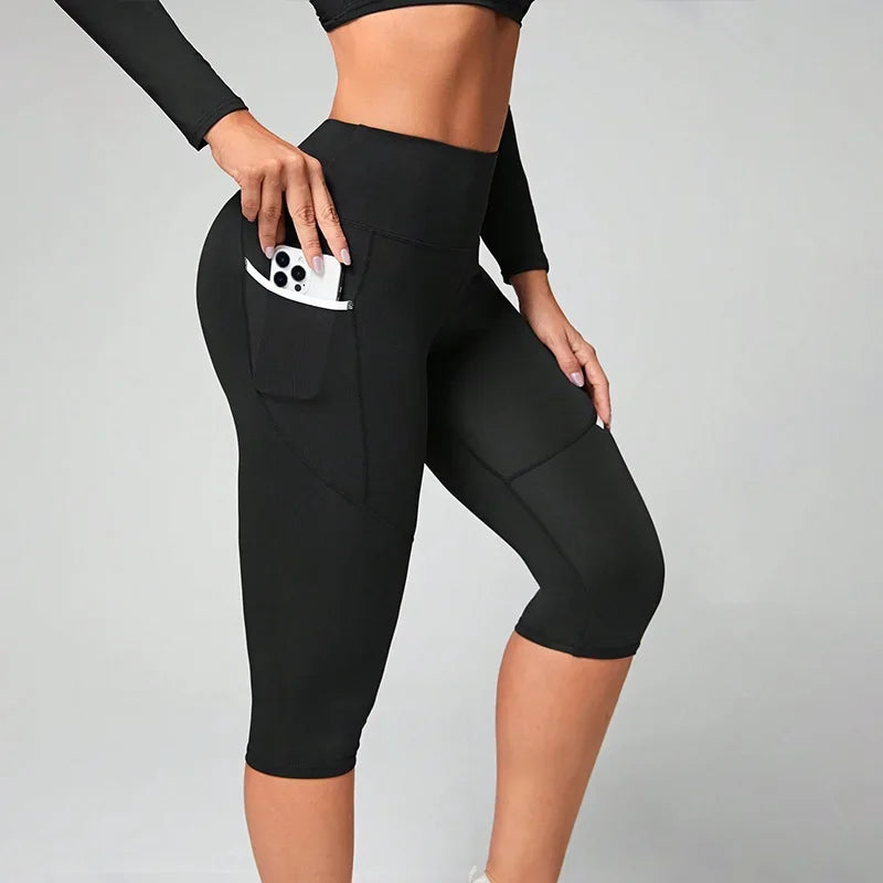 High Waist Yoga Capri Leggings With Pockets Tummy Control