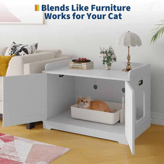 HiMISSCN Wooden Cat Litter Box Enclosure With Barn Door