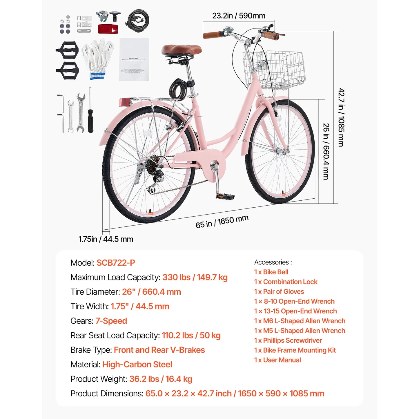 VEVOR Beach Cruiser Bike With Basket And Rear Rack Adjustable Seat