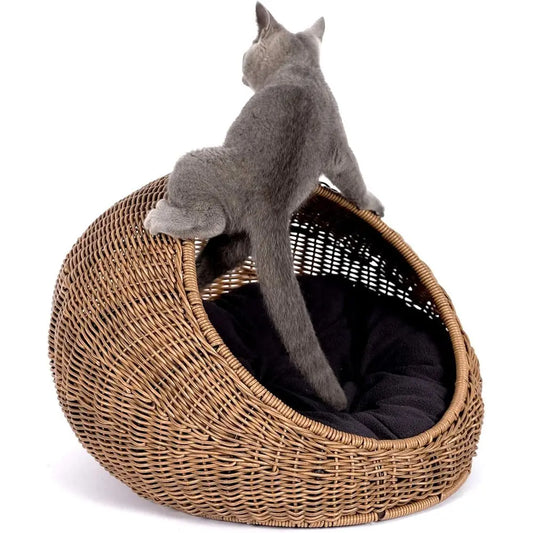 Wicker Cat Bed Dome For Indoor Cats Hideaway Rattan Basket